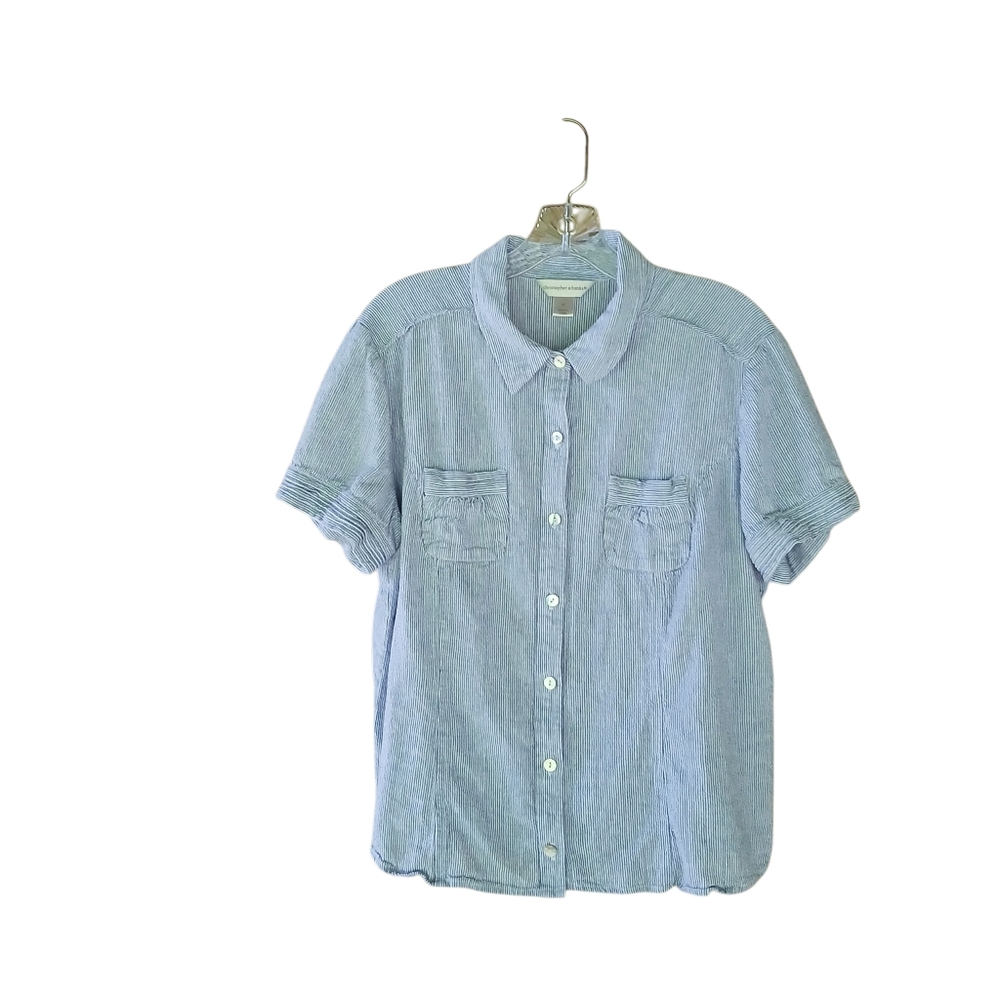 Christopher & Banks Blue Pinstripe Short Sleeved Linen Blend Shirt XL